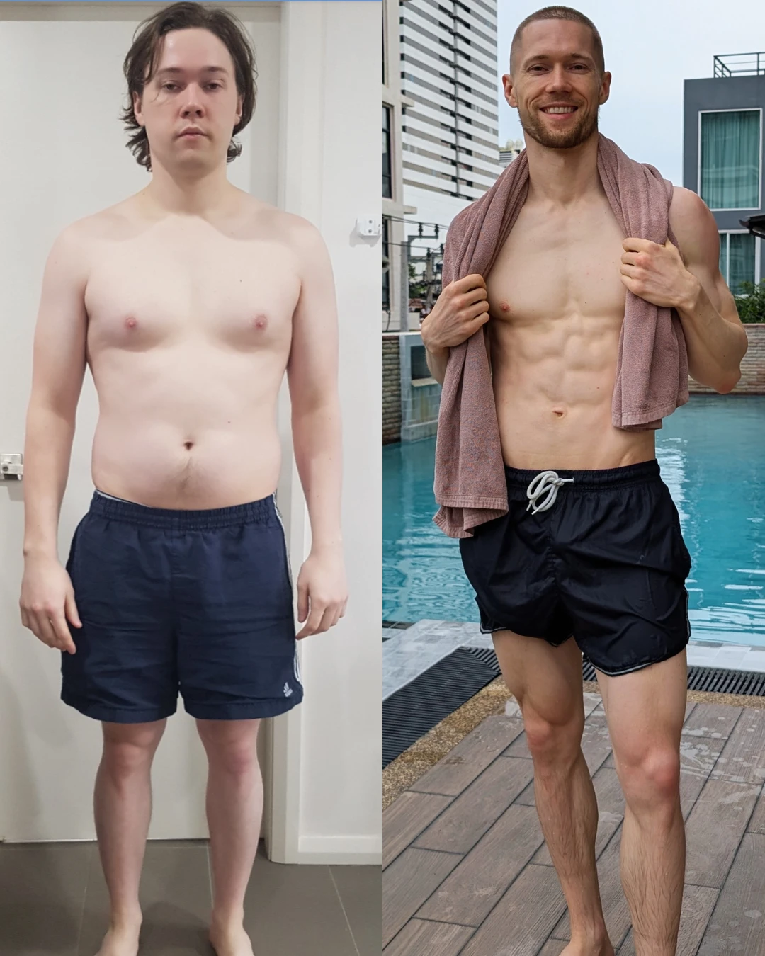 Jake before, overweight, and after, lean and muscular